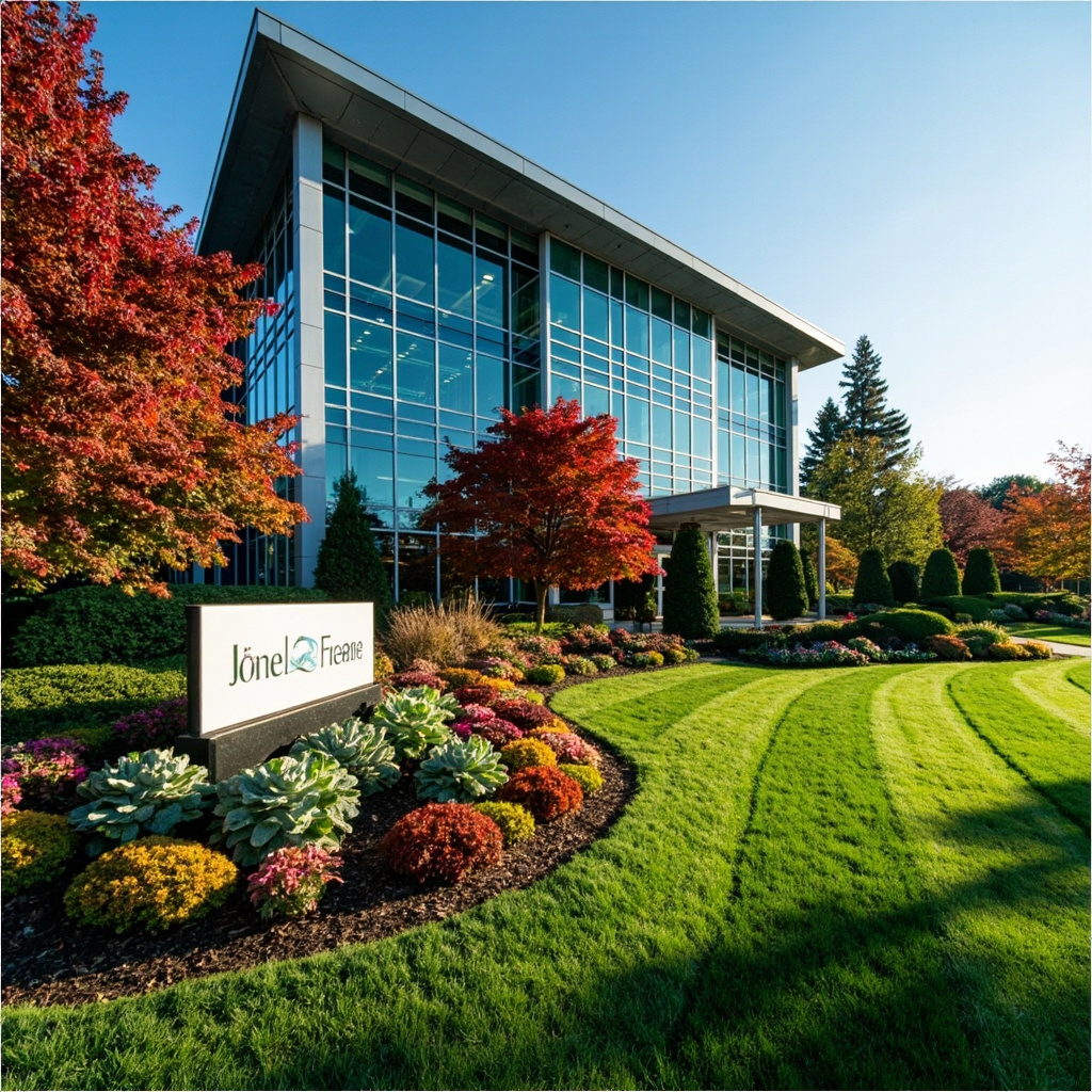 Commercial property entrance with professional landscaping and fall colors