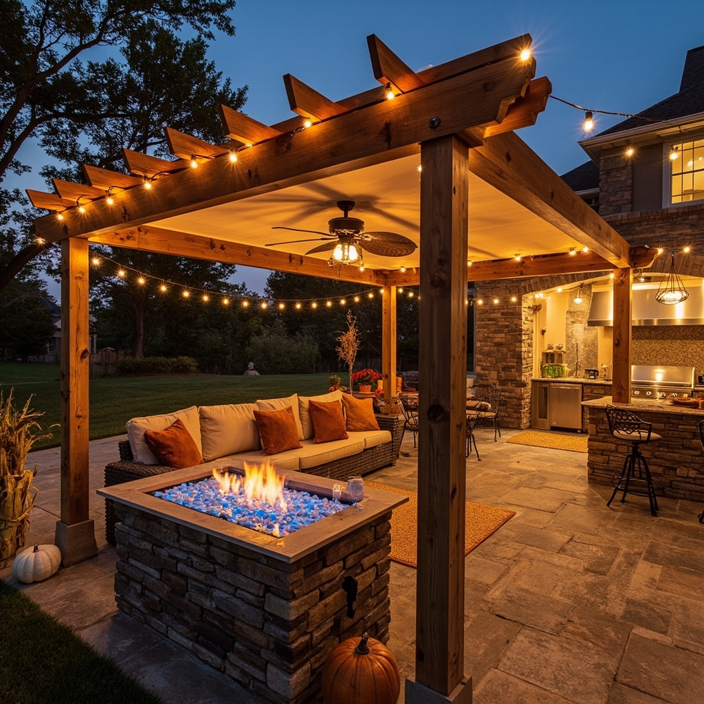 Outdoor entertainment area with pergola, outdoor kitchen, and fall decorations
