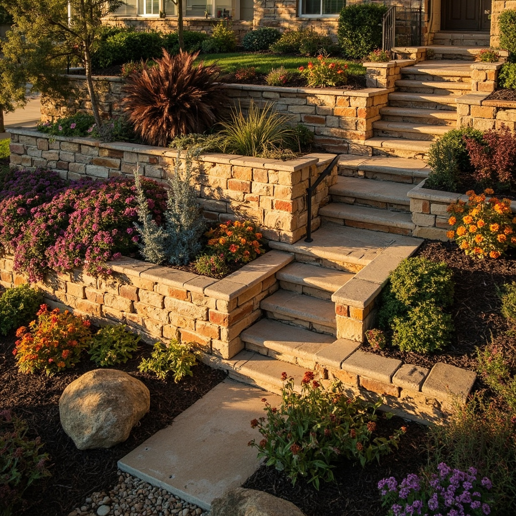 Terraced hillside garden with multiple retaining walls and fall plantings