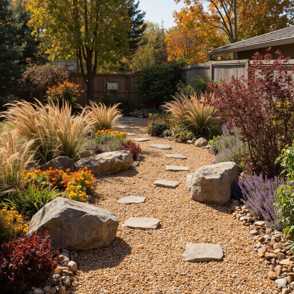 Drought-tolerant xeriscape garden with native plants and fall colors