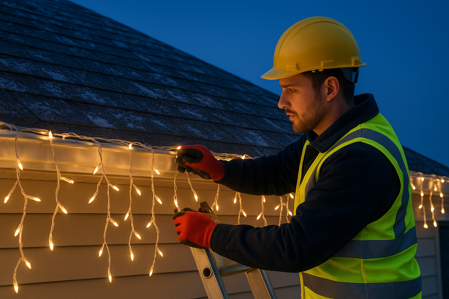 Professional holiday lighting installation on residential home